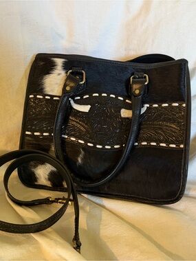Leather Cowhide Tote Bag with Embossed Detail - Black & White